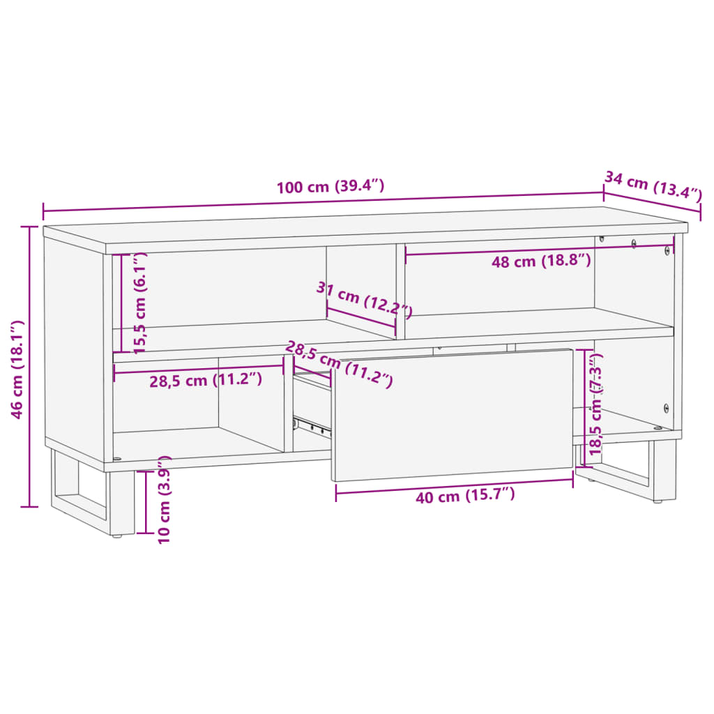 vidaXL Meuble TV marron 100x34x46 cm bois massif manguier