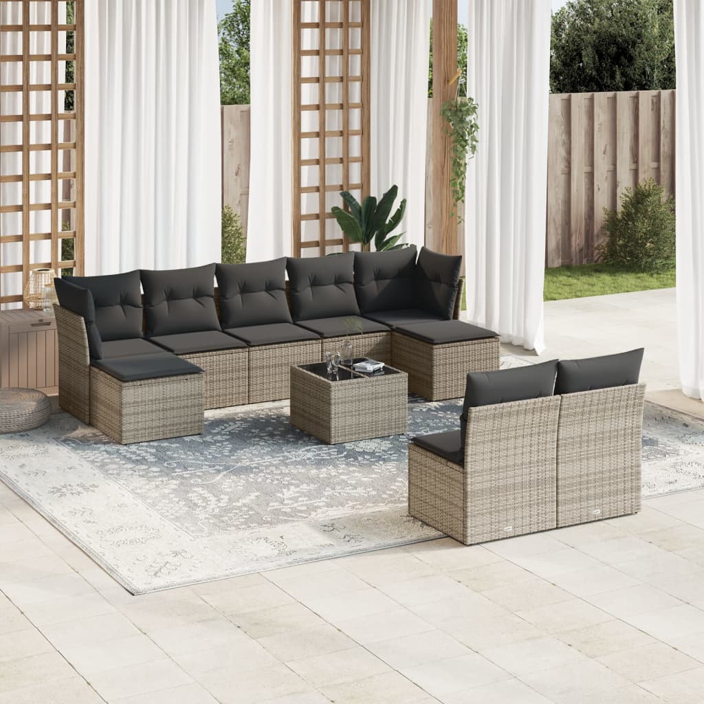 vidaXL Salon de jardin avec coussins 10 pcs gris résine tressée