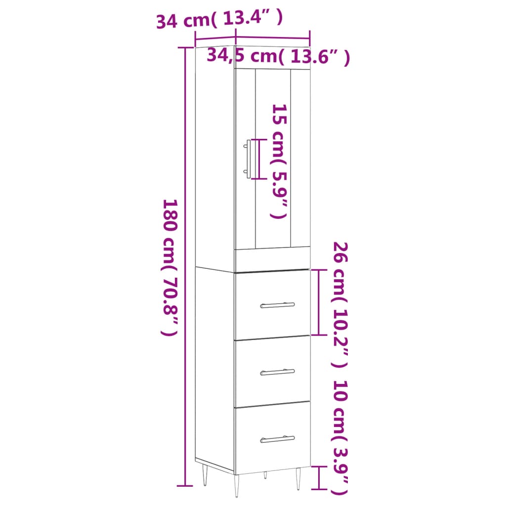 vidaXL Buffet haut Blanc 34,5x34x180 cm Bois d'ingénierie