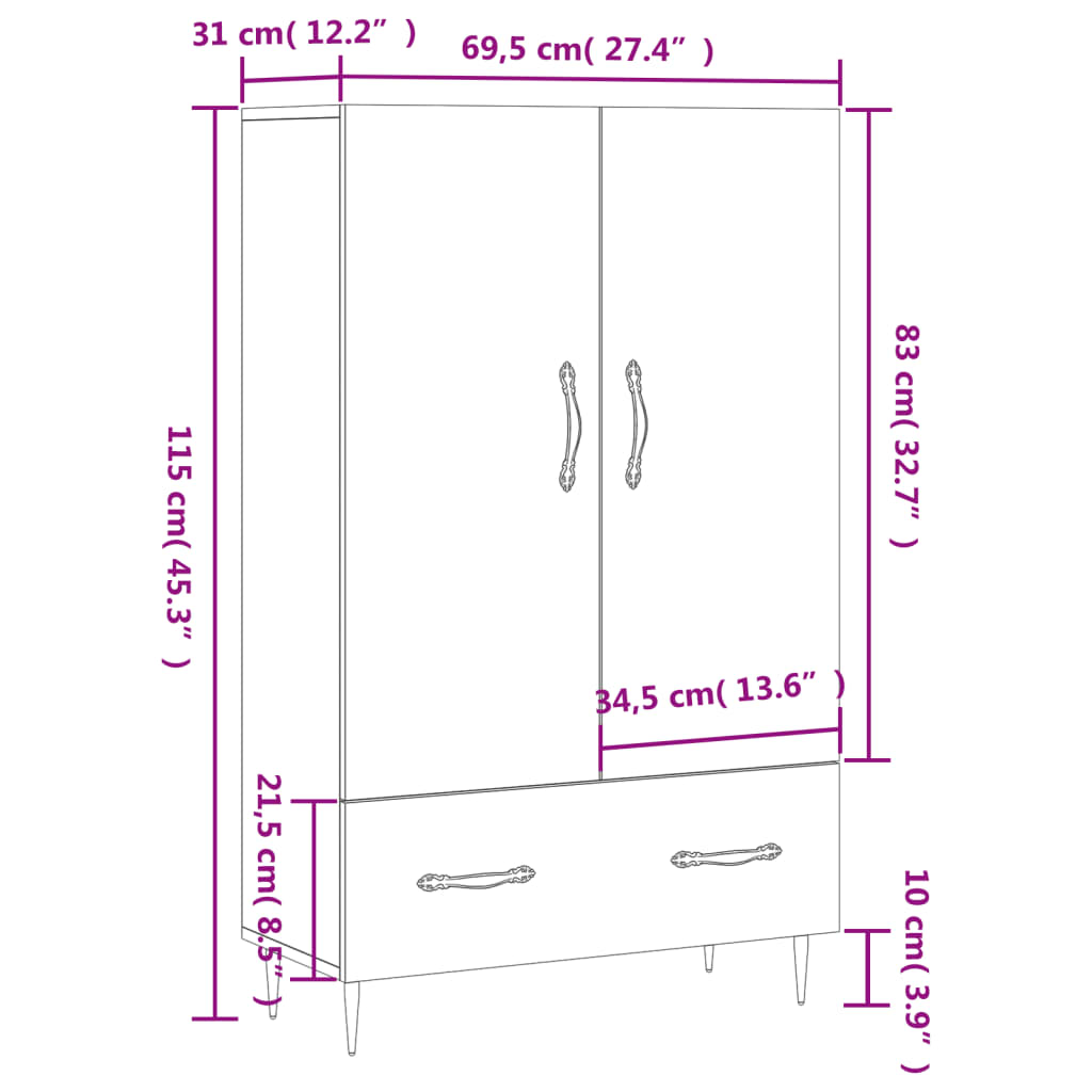 vidaXL Buffet haut sonoma gris 69,5x31x115 cm bois d'ingénierie