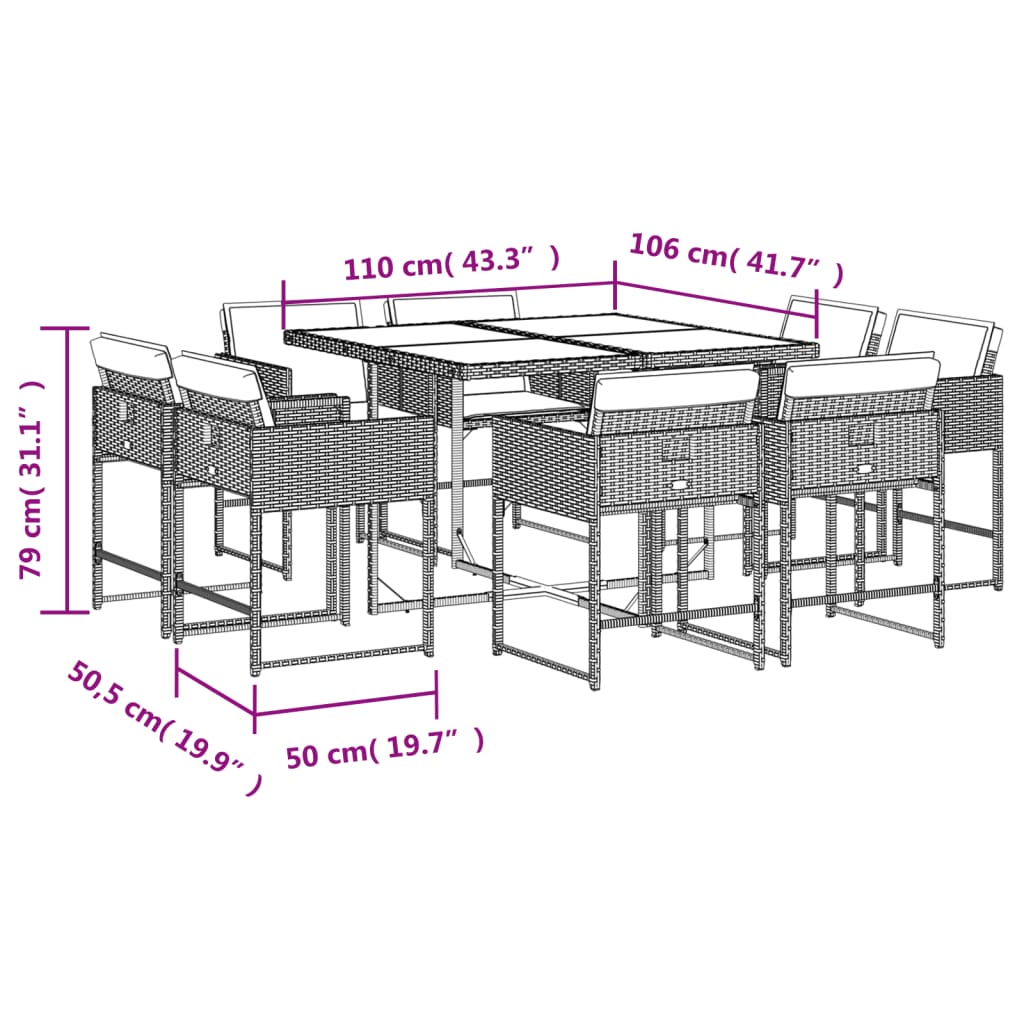 vidaXL Ensemble à manger de jardin et coussins 9 pcs gris clair rotin