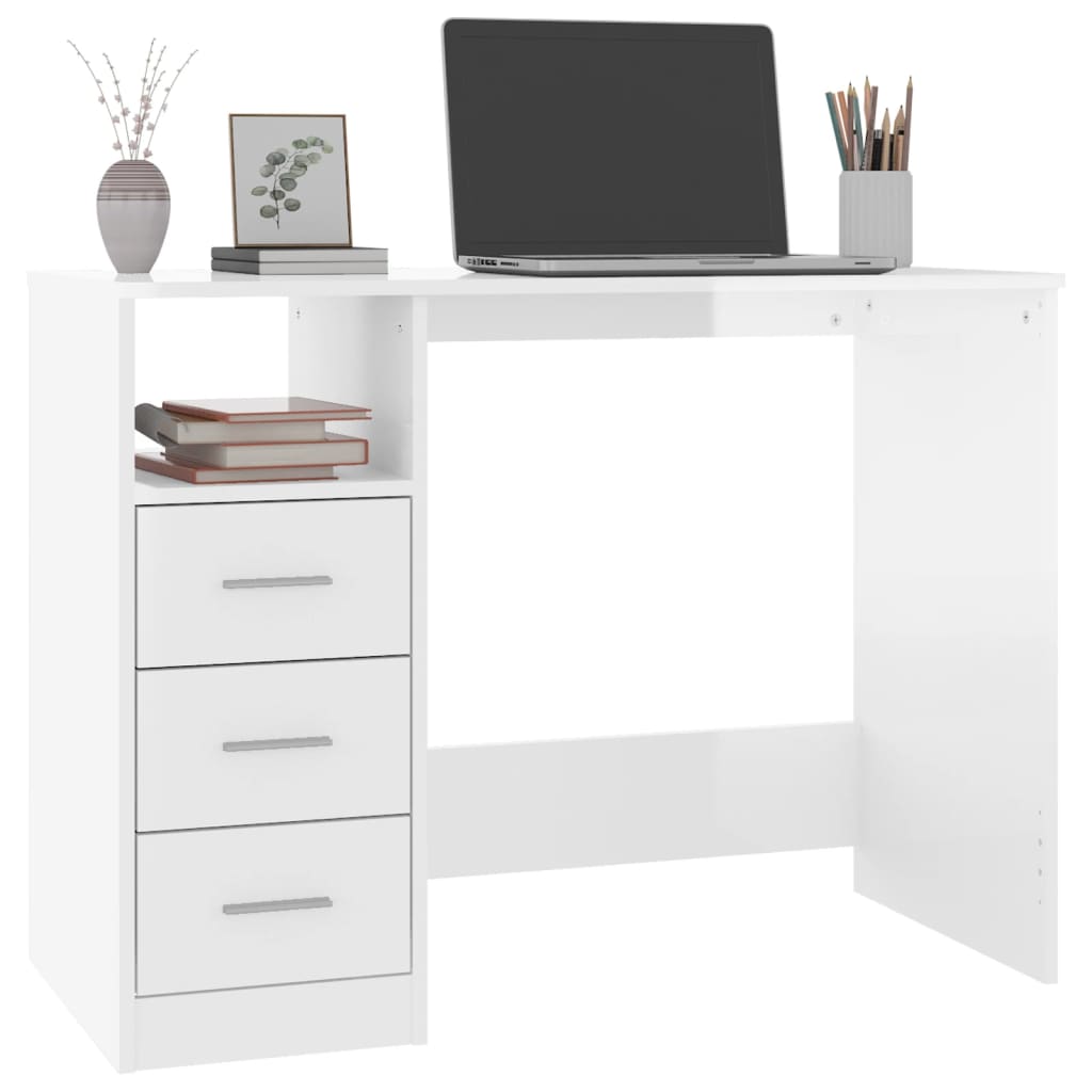 vidaXL Bureau et tiroirs Blanc brillant 102x50x76 cm Bois d'ingénierie