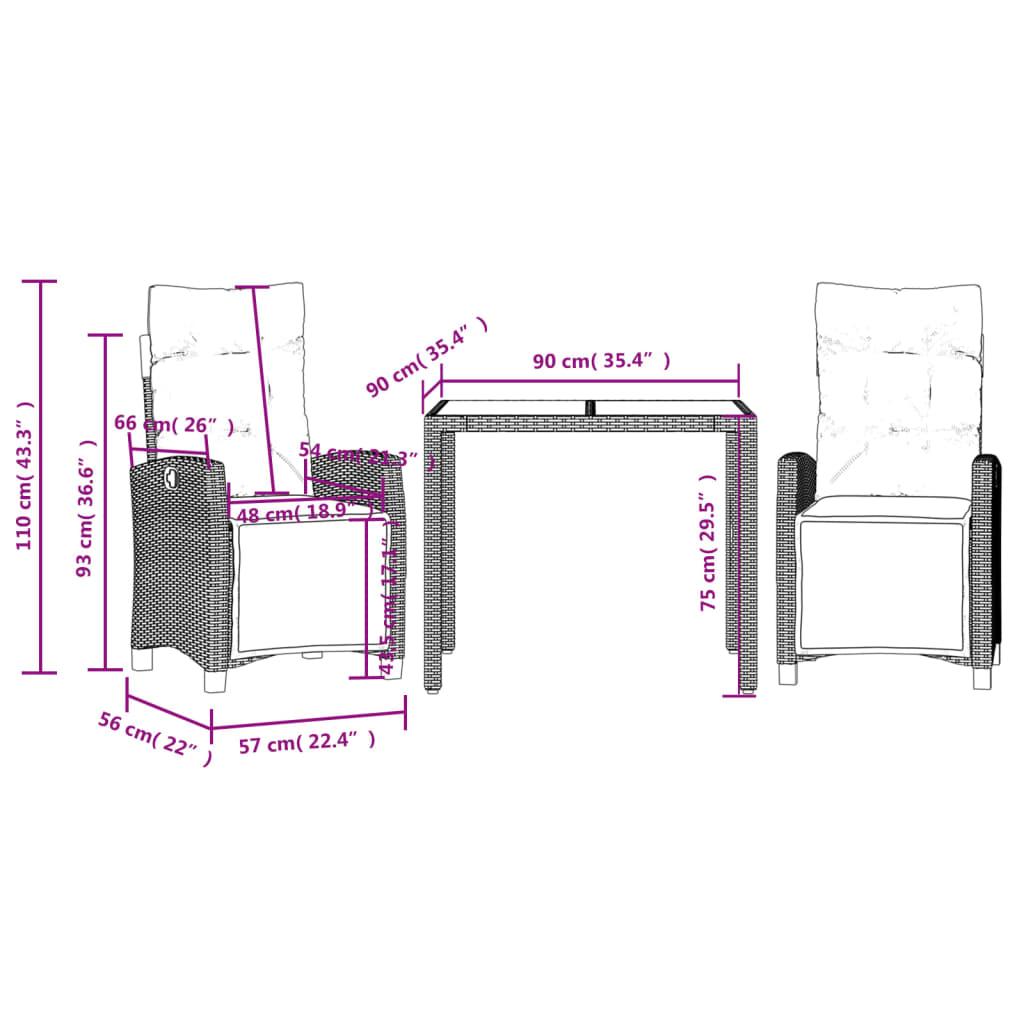 vidaXL Ensemble à manger de jardin avec coussins 3 pcs Noir