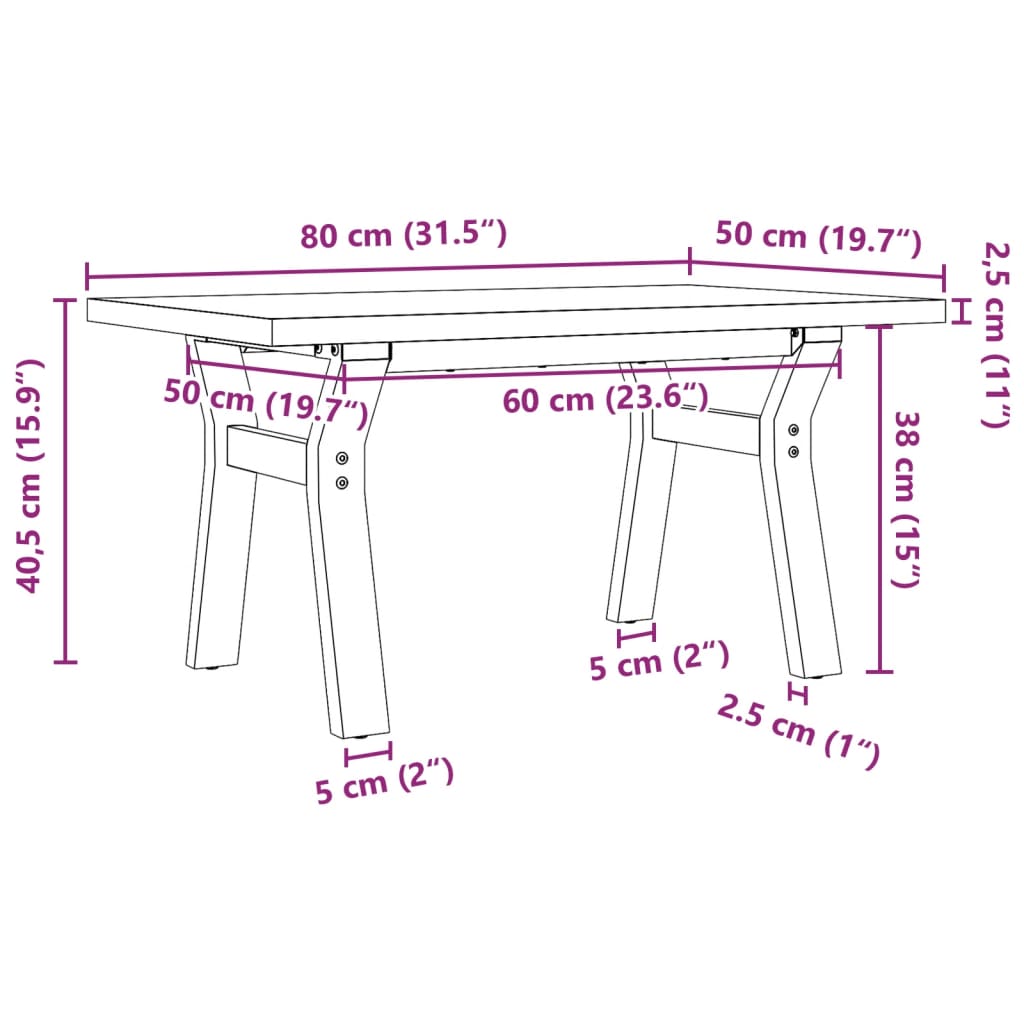 vidaXL Table basse cadre en Y 80x50x40,5cm bois de pin massif et acier