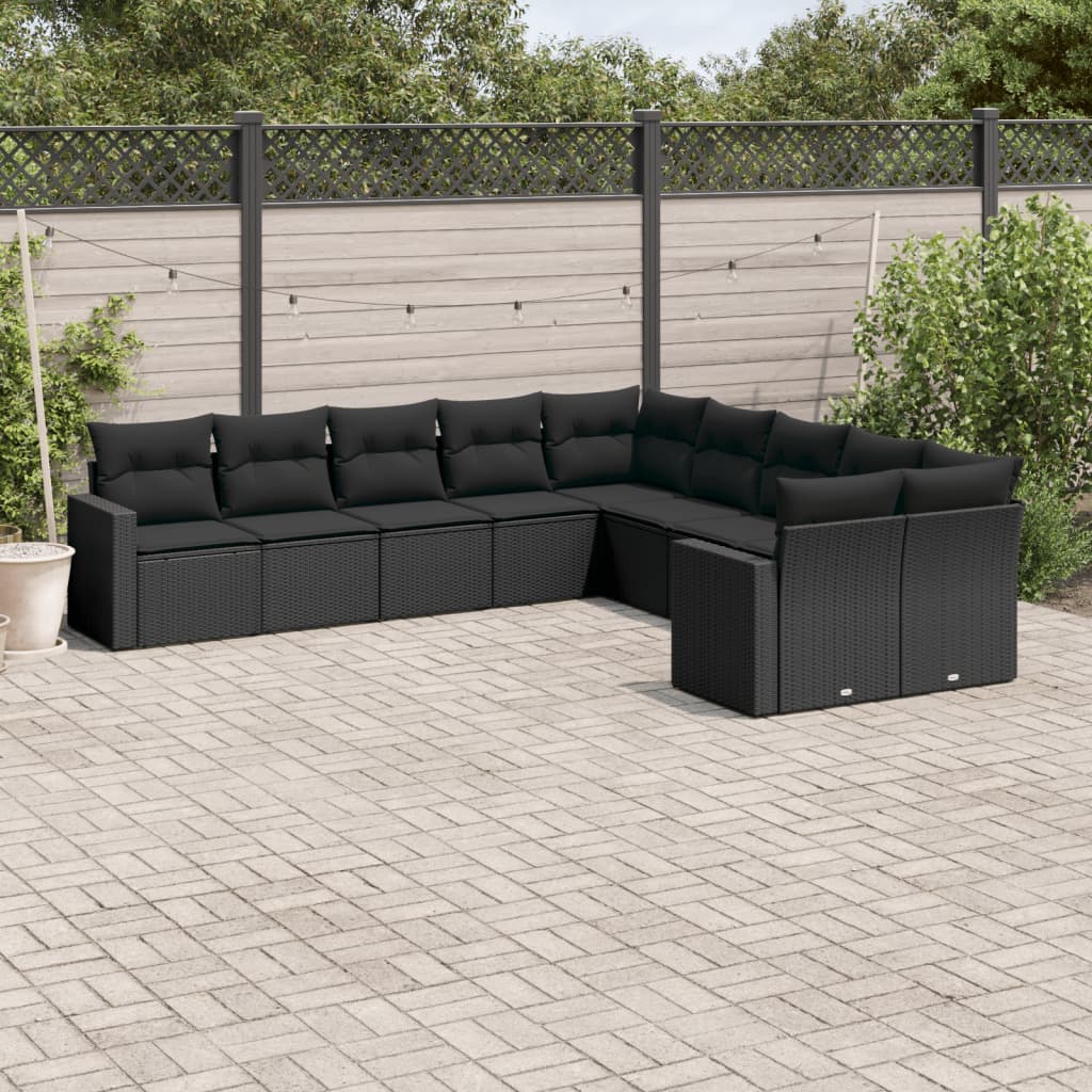 vidaXL Salon de jardin 10 pcs avec coussins noir résine tressée