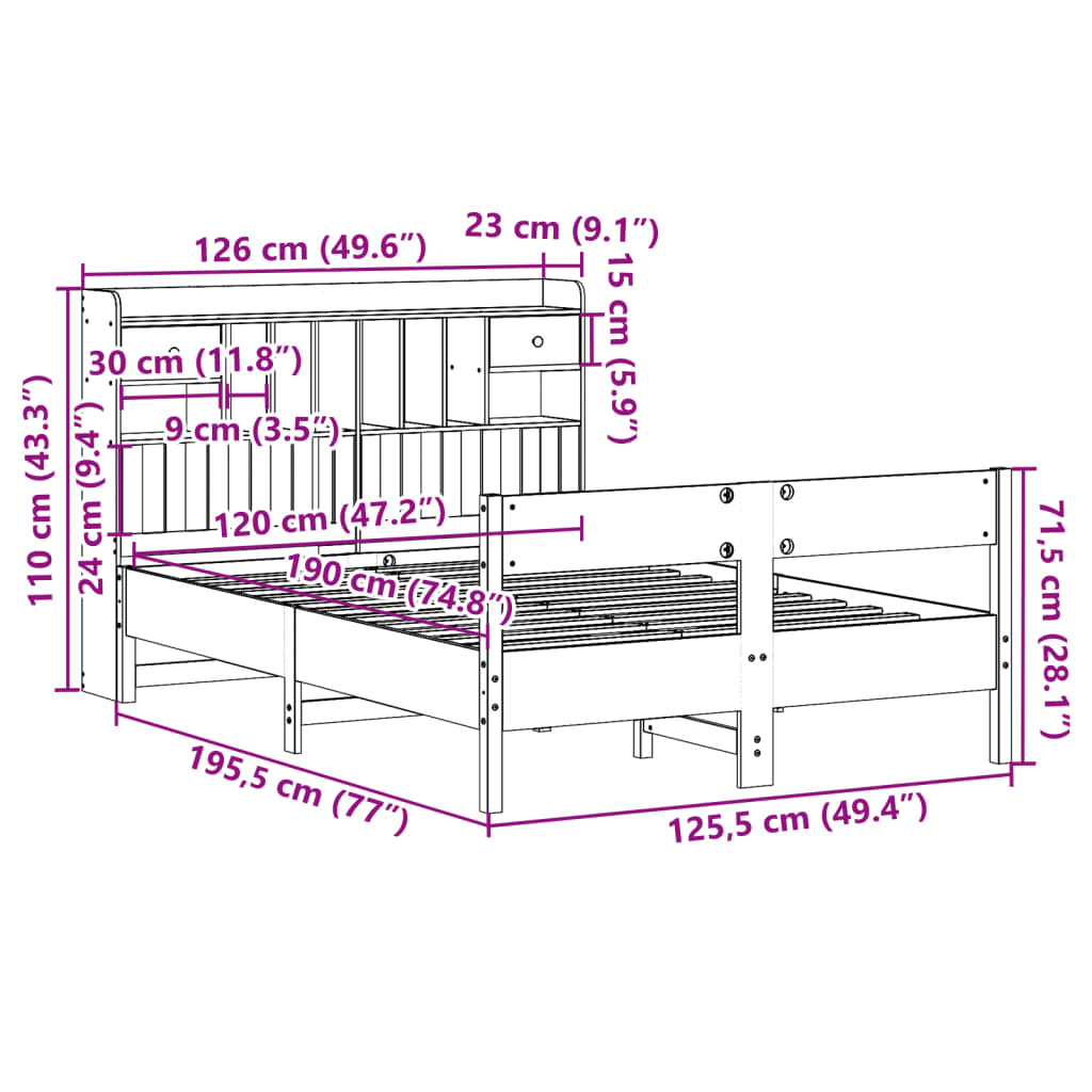 vidaXL Lit bibliothèque sans matelas blanc 120x190 cm bois pin massif