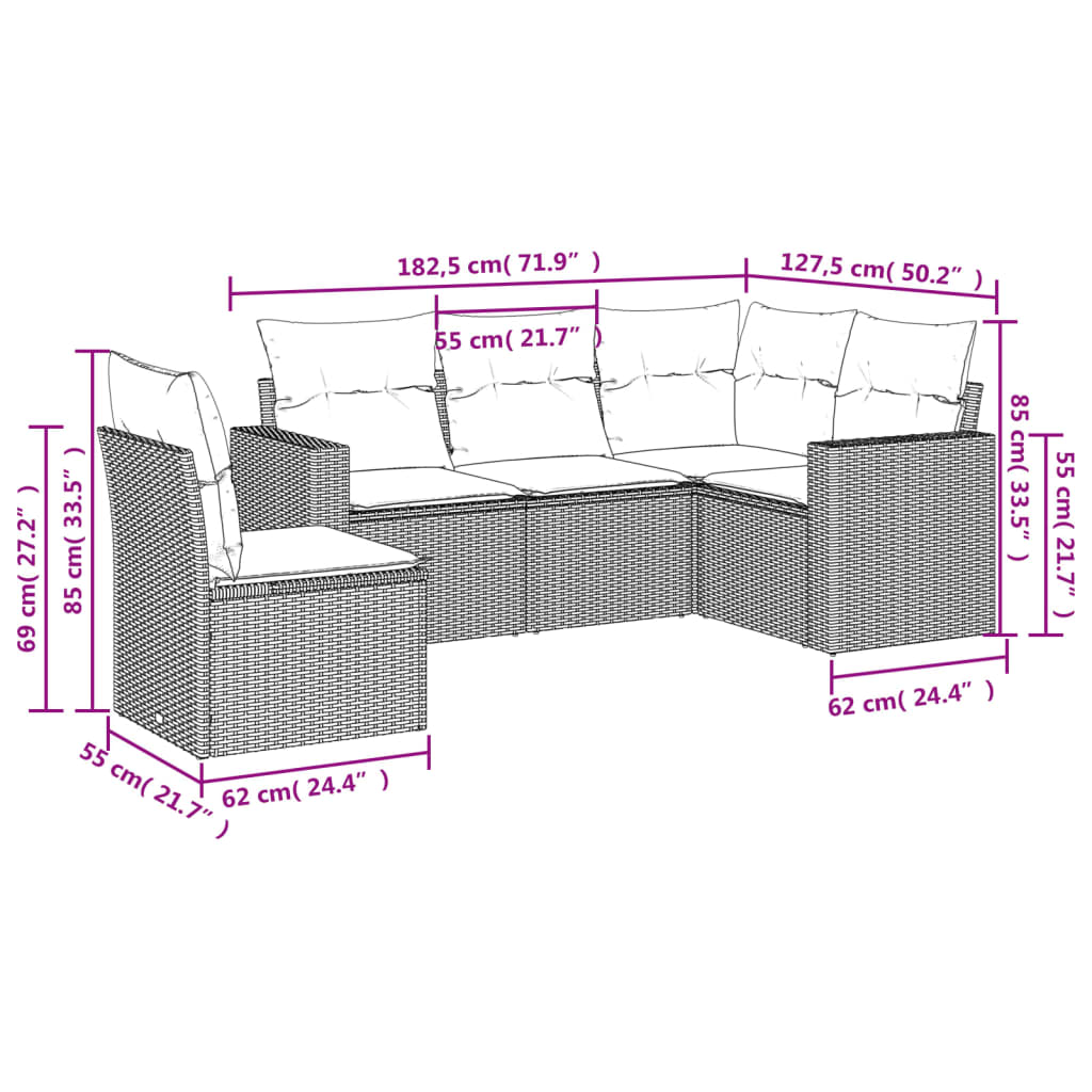 vidaXL Salon de jardin avec coussins 5 pcs marron résine tressée