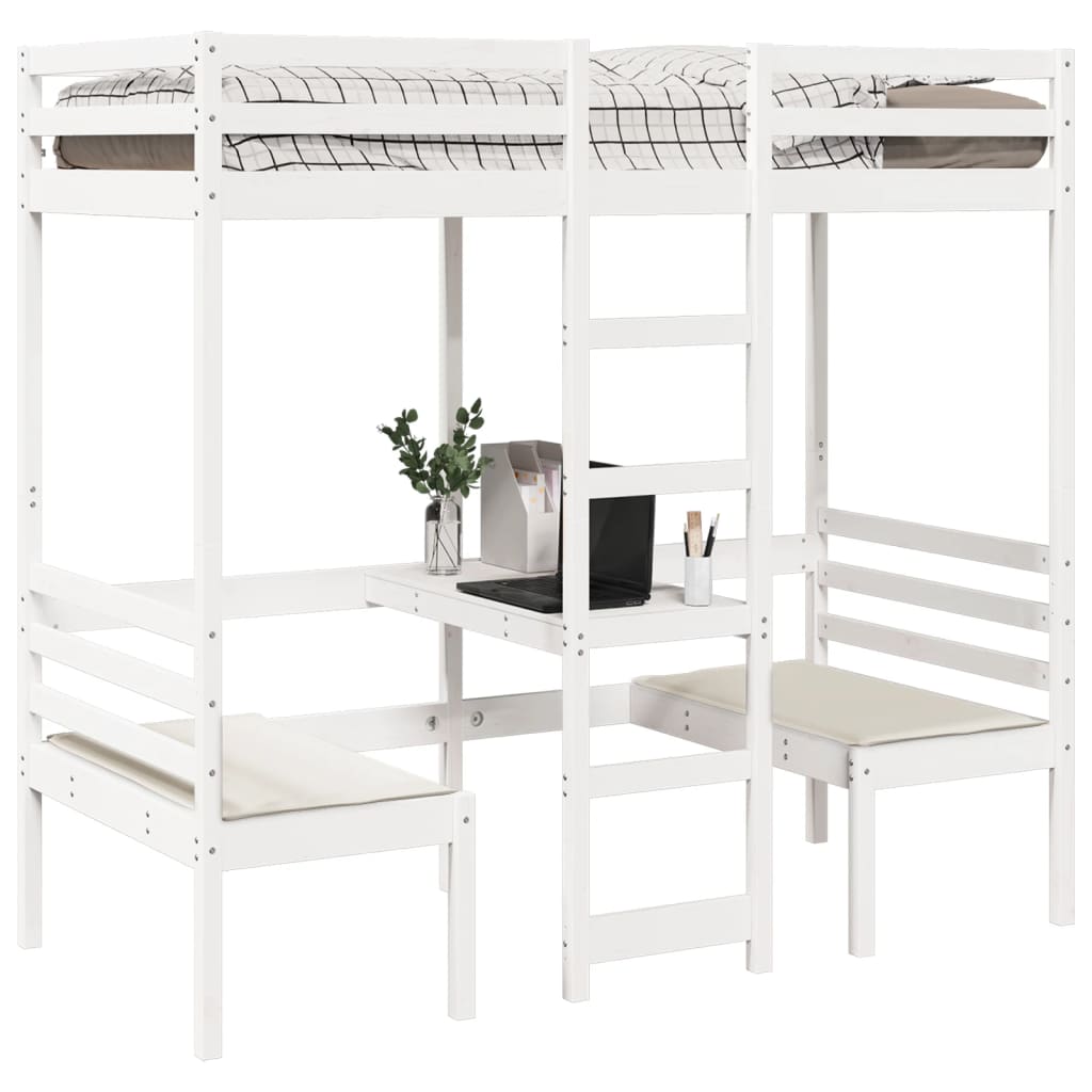 vidaXL Lit mezzanine avec bureau et chaises blanc 90x190 cm pin massif