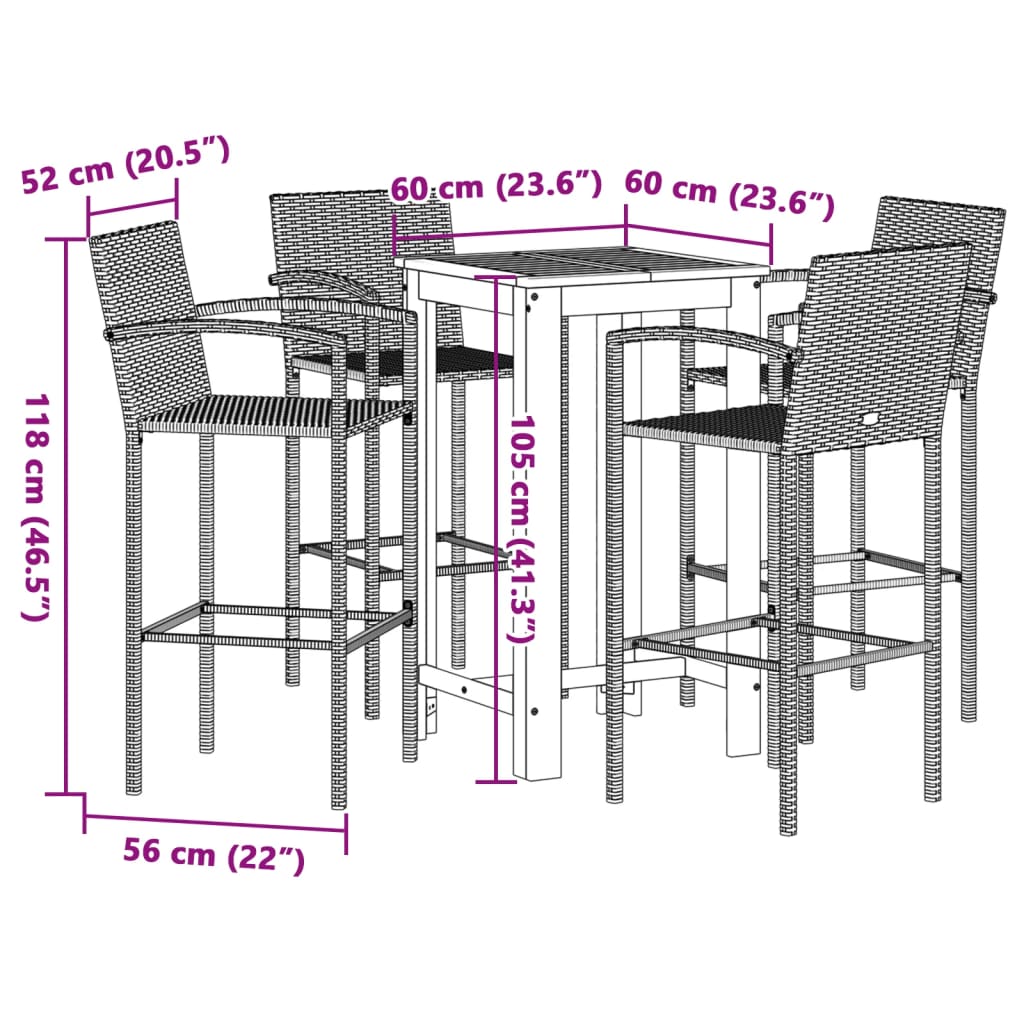 vidaXL Ensemble de bar de jardin 5 pcs noir bois massif acacia rotin