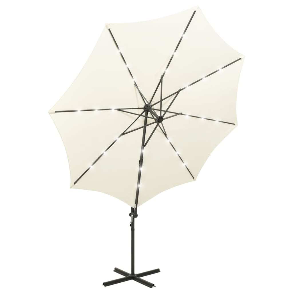 vidaXL Parasol de jardin en porte-à-faux et mât et lumières LED sable