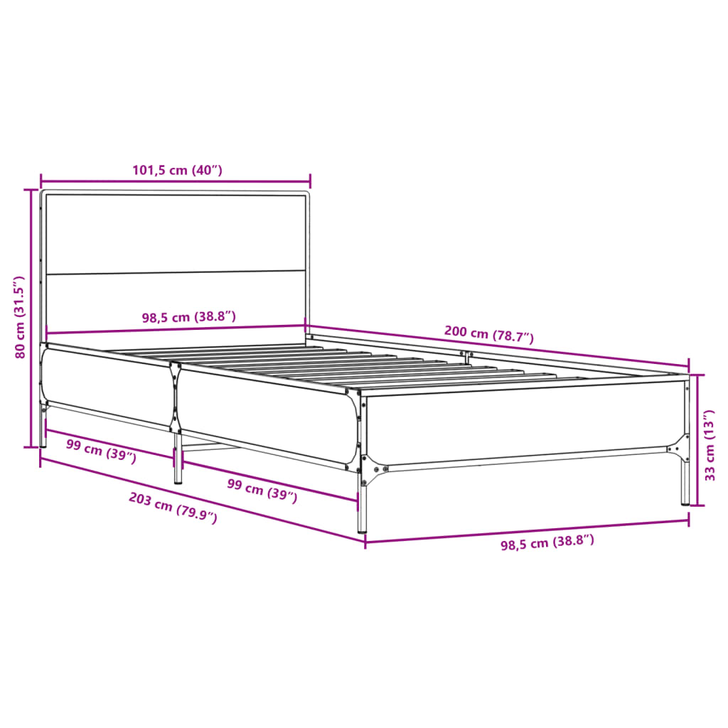 vidaXL Cadre de lit chêne fumé 100x200 cm bois d'ingénierie et métal