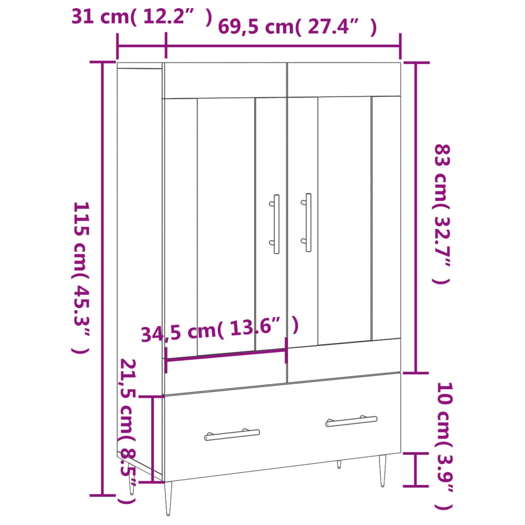 vidaXL Buffet haut blanc 69,5x31x115 cm bois d'ingénierie