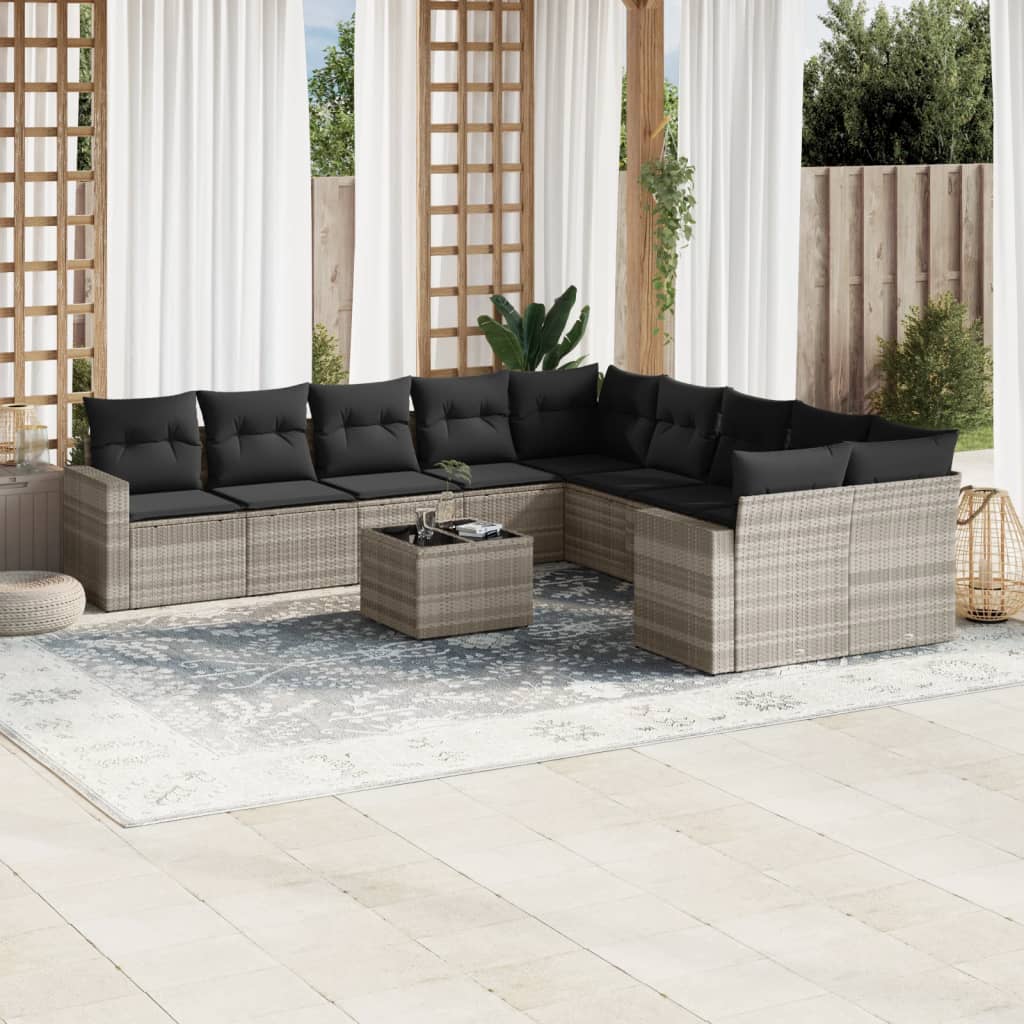 vidaXL Salon de jardin 11 pcs avec coussins gris clair résine tressée