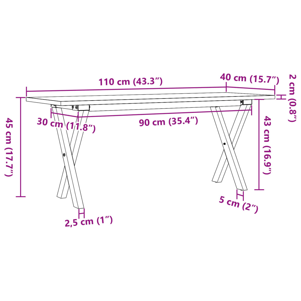 vidaXL Table basse cadre en X 110x40x45 cm bois de pin massif et fonte