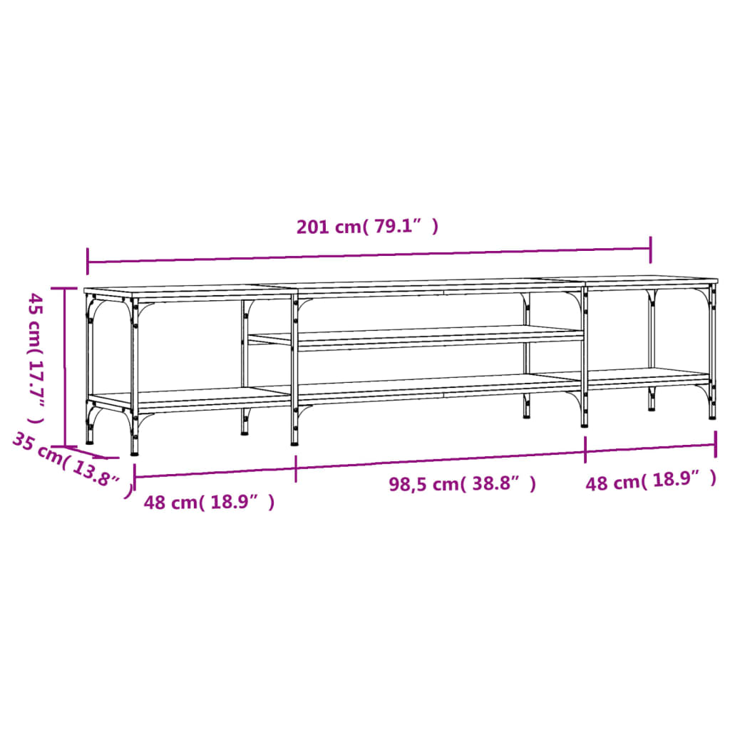 vidaXL Meuble TV noir 201x35x45 cm bois d'ingénierie et fer