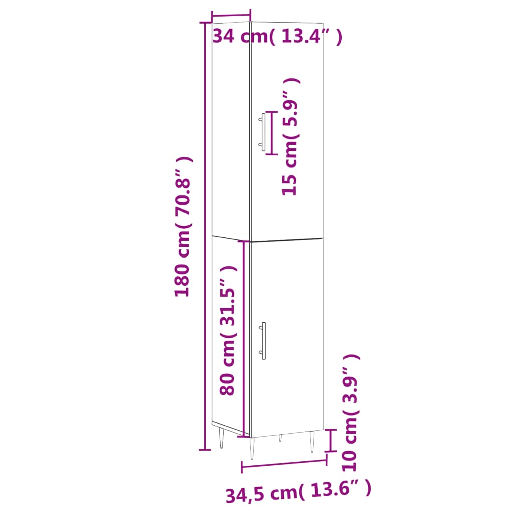 vidaXL Buffet haut Gris béton 34,5x34x180 cm Bois d'ingénierie