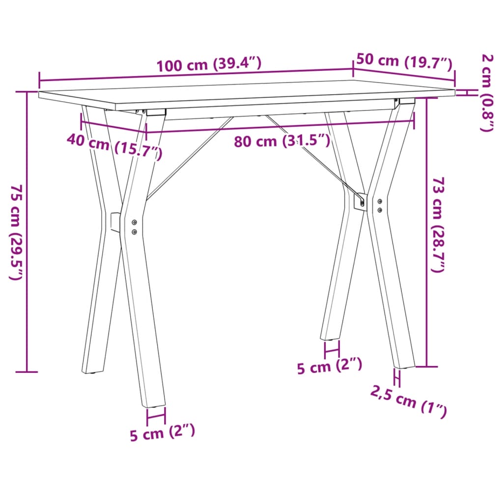 vidaXL Table à manger cadre en Y 100x50x75 cm bois de pin massif fonte