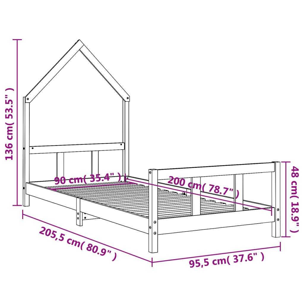 vidaXL Cadre de lit pour enfants noir 90x200 cm bois de pin massif