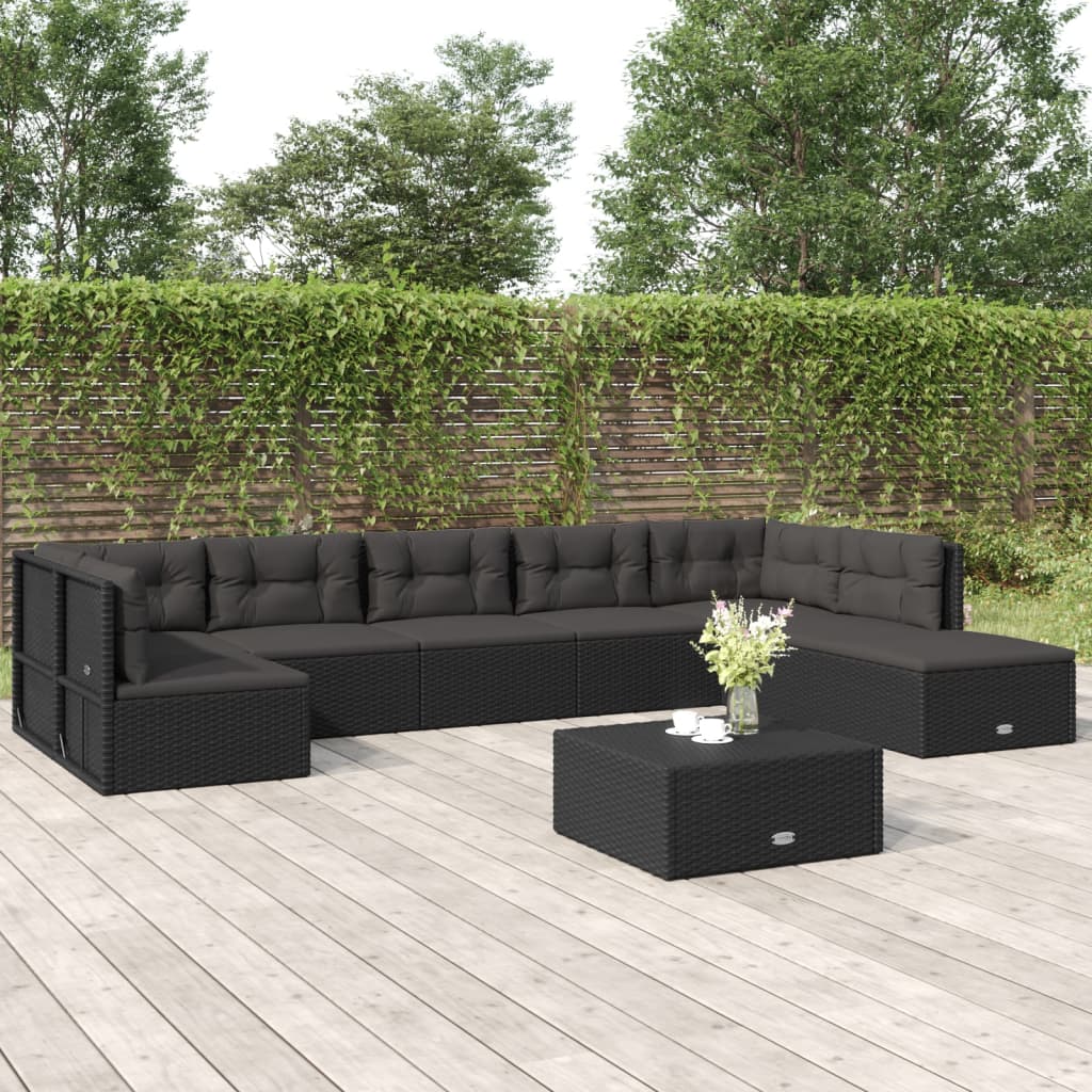 vidaXL Salon de jardin 8 pcs avec coussins noir résine tressée