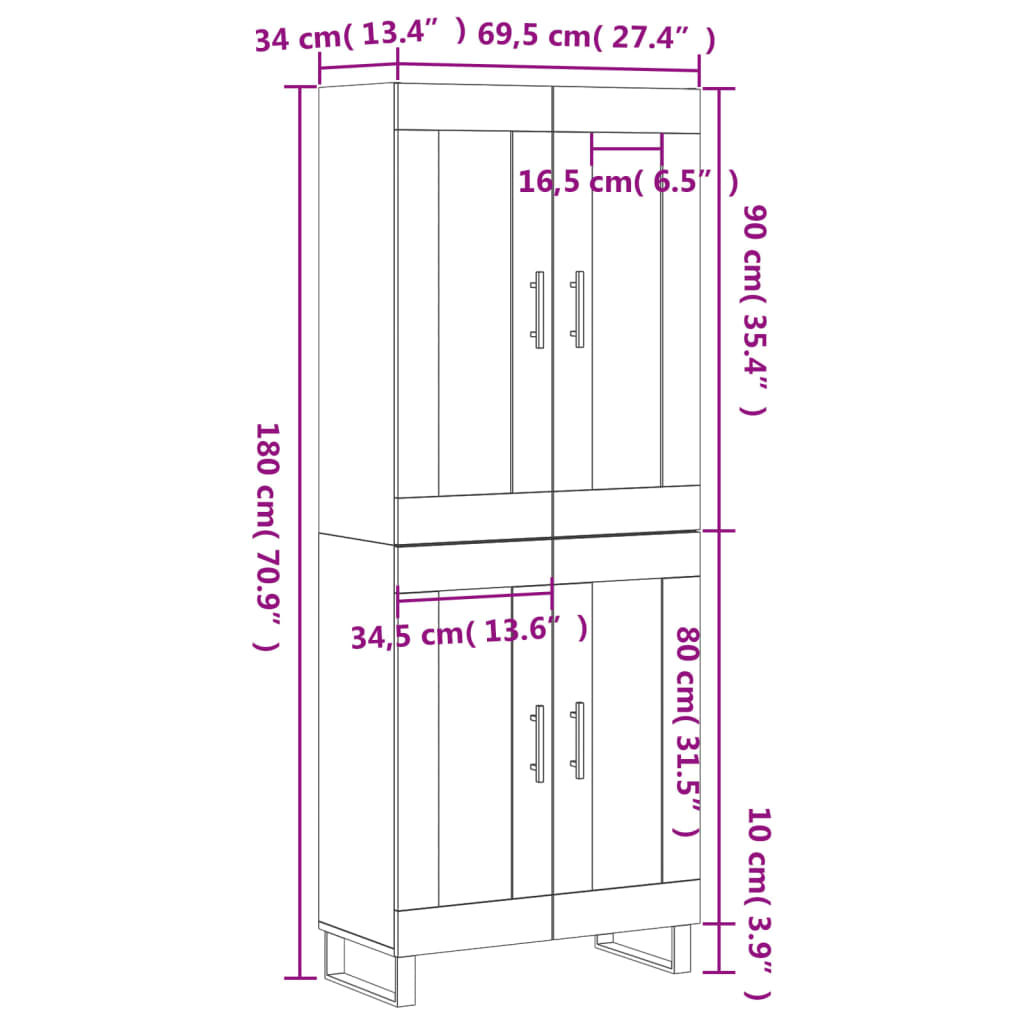 vidaXL Buffet haut Noir 69,5x34x180 cm Bois d'ingénierie