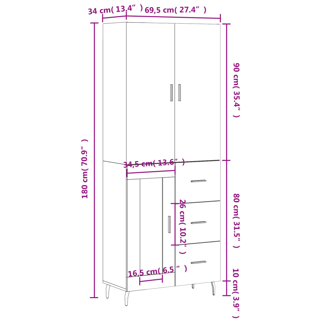 vidaXL Buffet haut Chêne fumé 69,5x34x180 cm Bois d'ingénierie