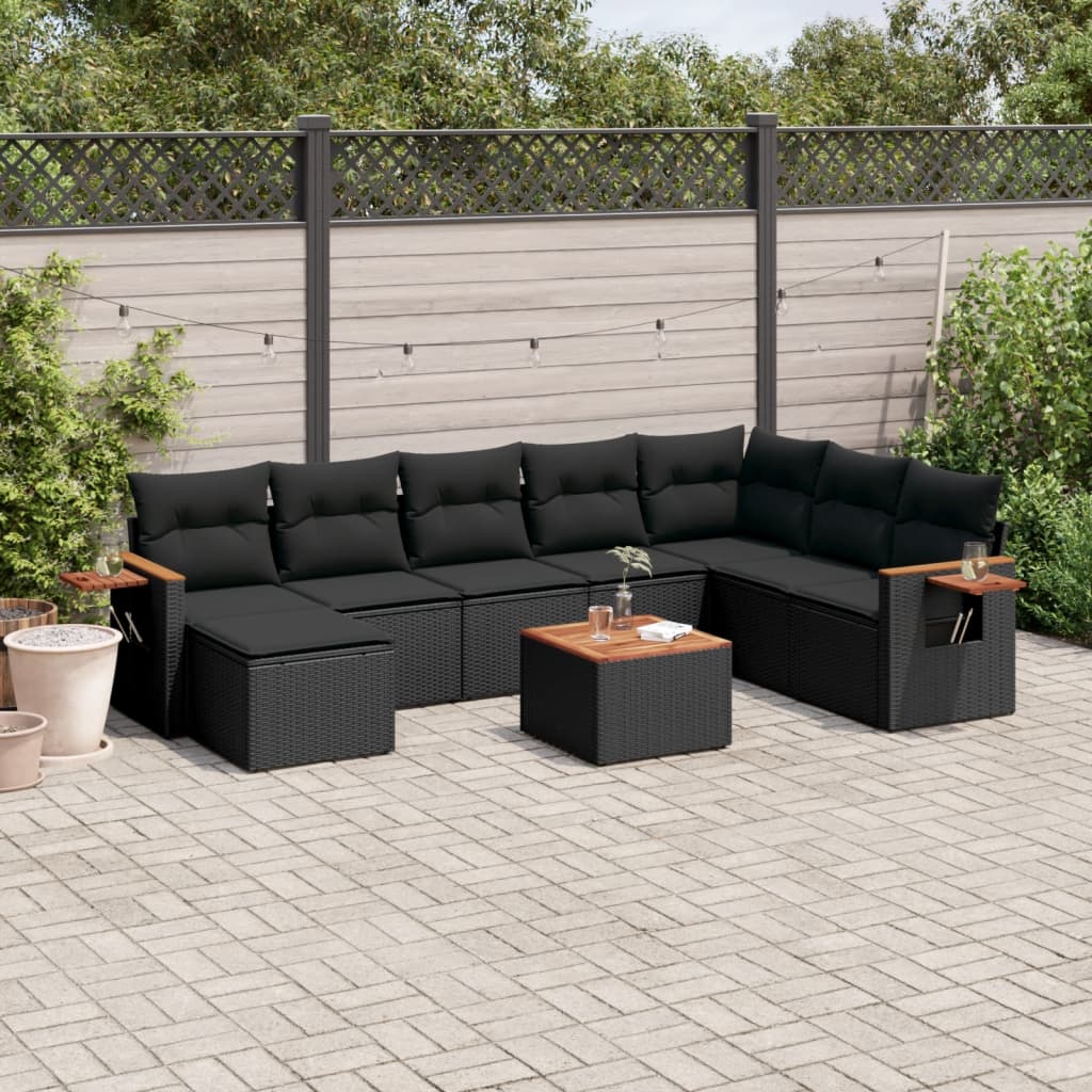 vidaXL Salon de jardin 9 pcs avec coussins noir résine tressée