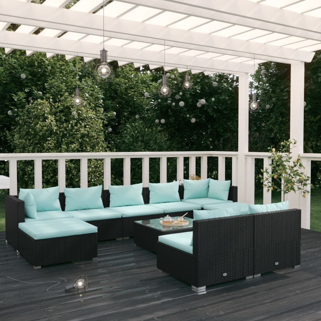 vidaXL Salon de jardin 10 pcs avec coussins Noir Résine tressée