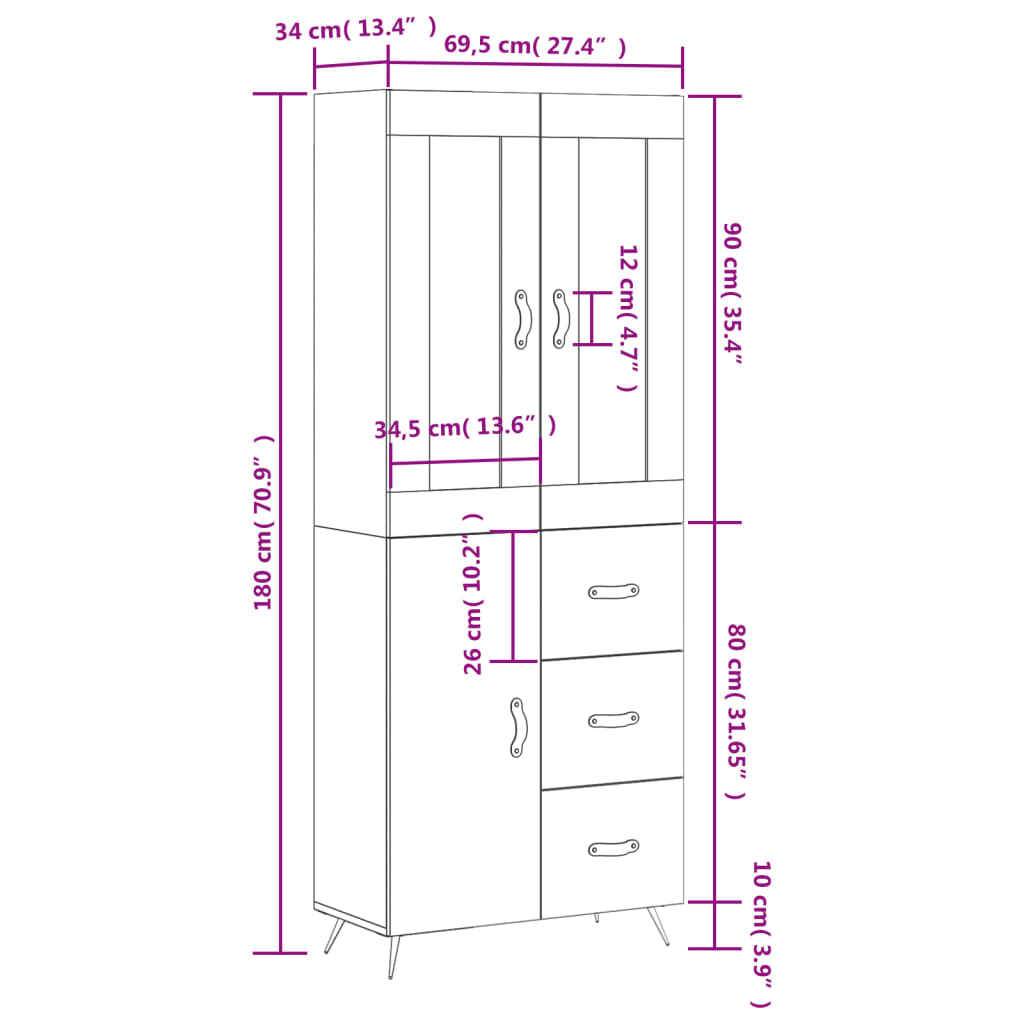 vidaXL Buffet haut Blanc 69,5x34x180 cm Bois d'ingénierie