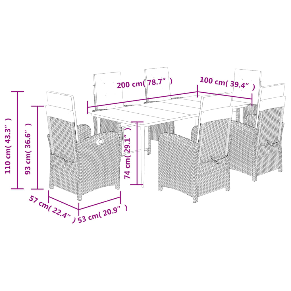 vidaXL Ensemble à manger de jardin coussins 7pcs Noir Résine tressée