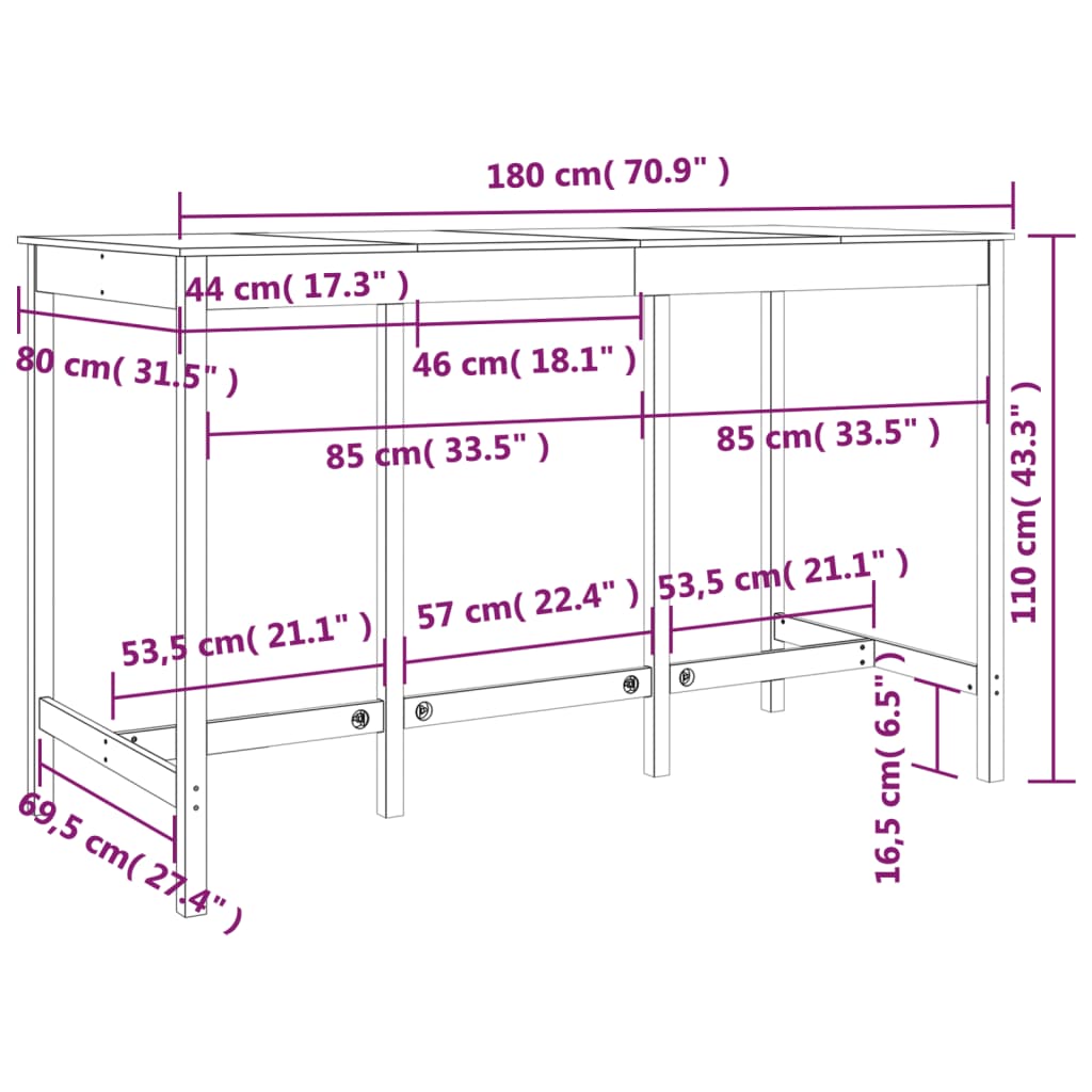 vidaXL Table de bar Marron miel 180x80x110 cm Bois massif de pin