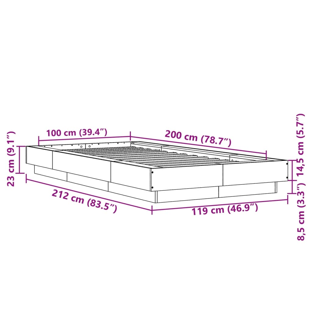 vidaXL Cadre de lit avec lumières LED chêne marron 100x200 cm