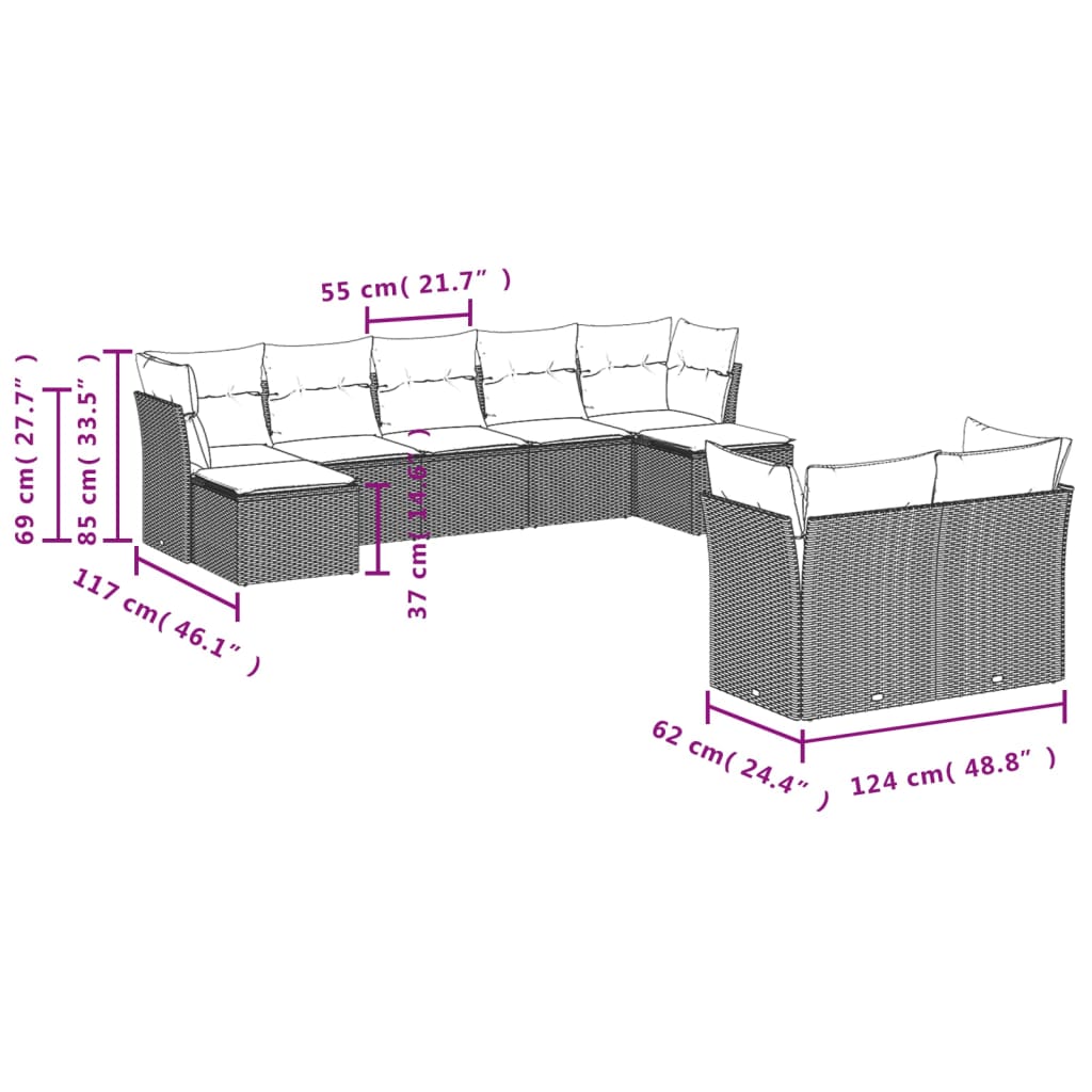 vidaXL Salon de jardin 9 pcs avec coussins noir résine tressée