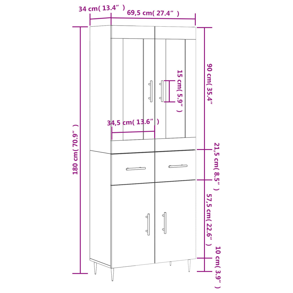 vidaXL Buffet haut Blanc brillant 69,5x34x180 cm Bois d'ingénierie