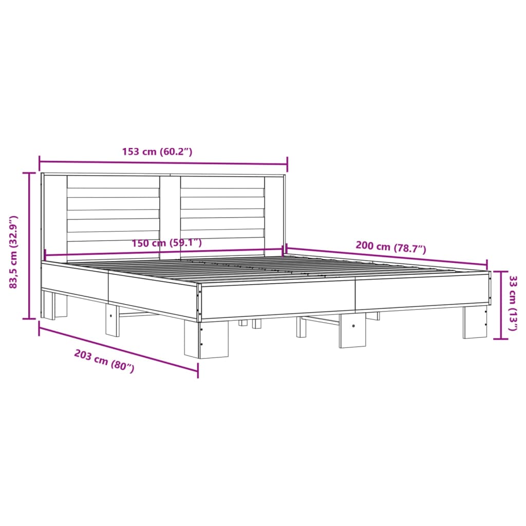 vidaXL Cadre de lit sonoma gris 150x200 cm bois d'ingénierie et métal