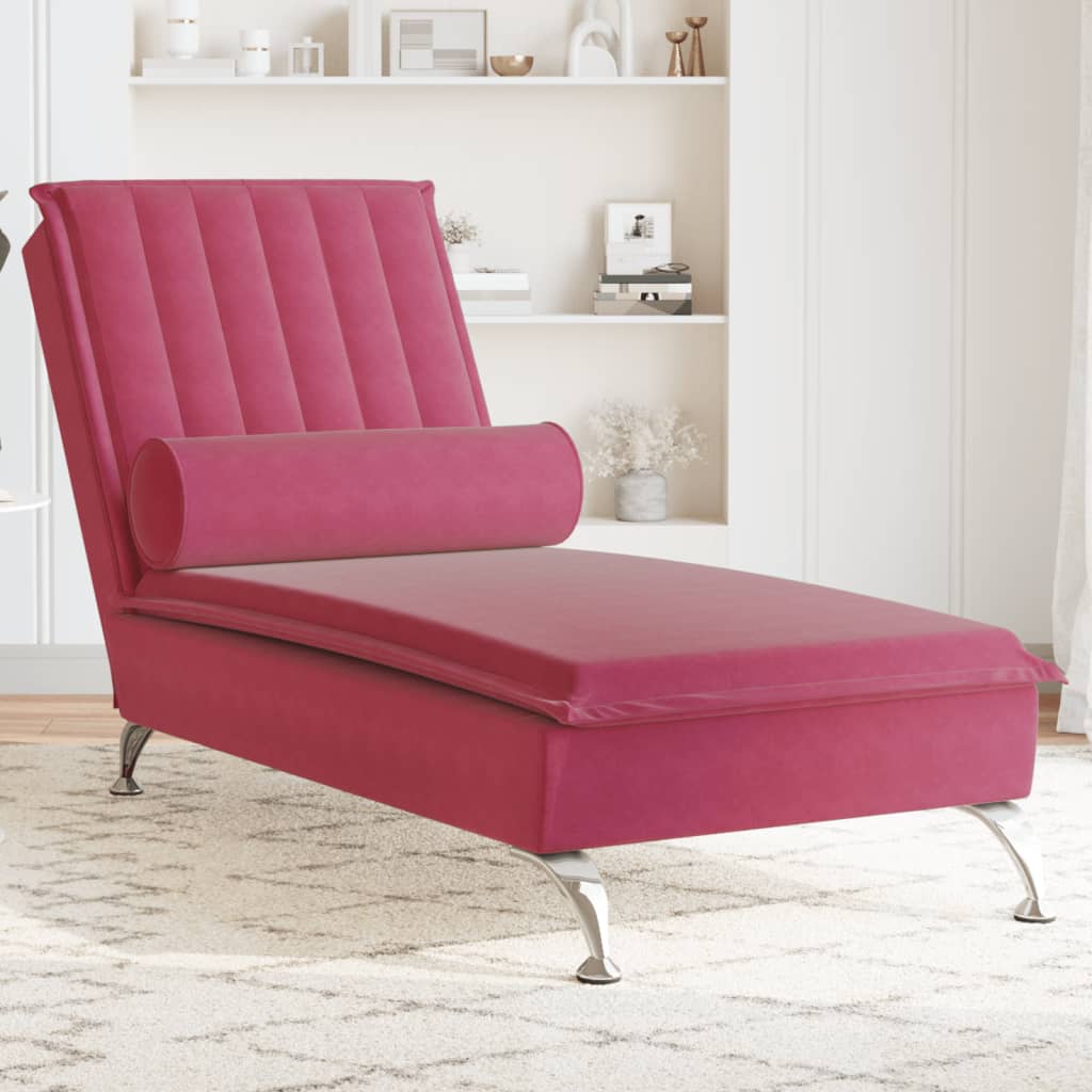 vidaXL Chaise longue de massage avec traversin rouge bordeaux velours