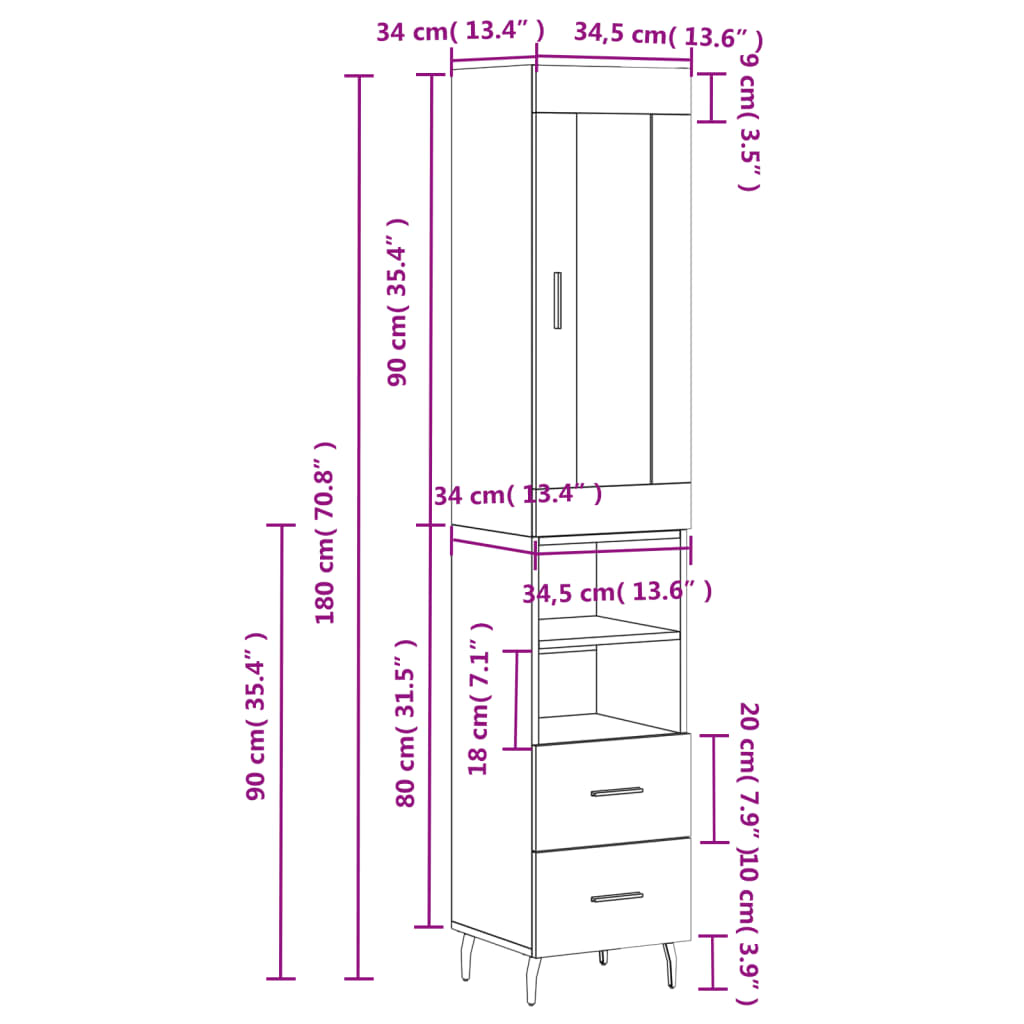 vidaXL Buffet haut Chêne marron 34,5x34x180 cm Bois d'ingénierie