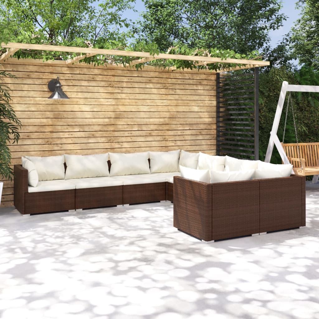 vidaXL Salon de jardin 8 pcs avec coussins Résine tressée Marron