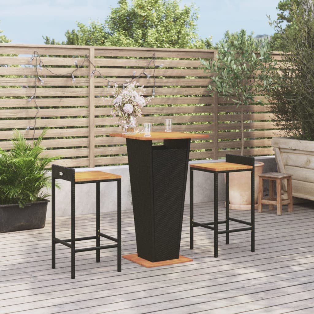 vidaXL Ensemble de bar jardin 3 pcs noir poly rotin/bois massif acacia