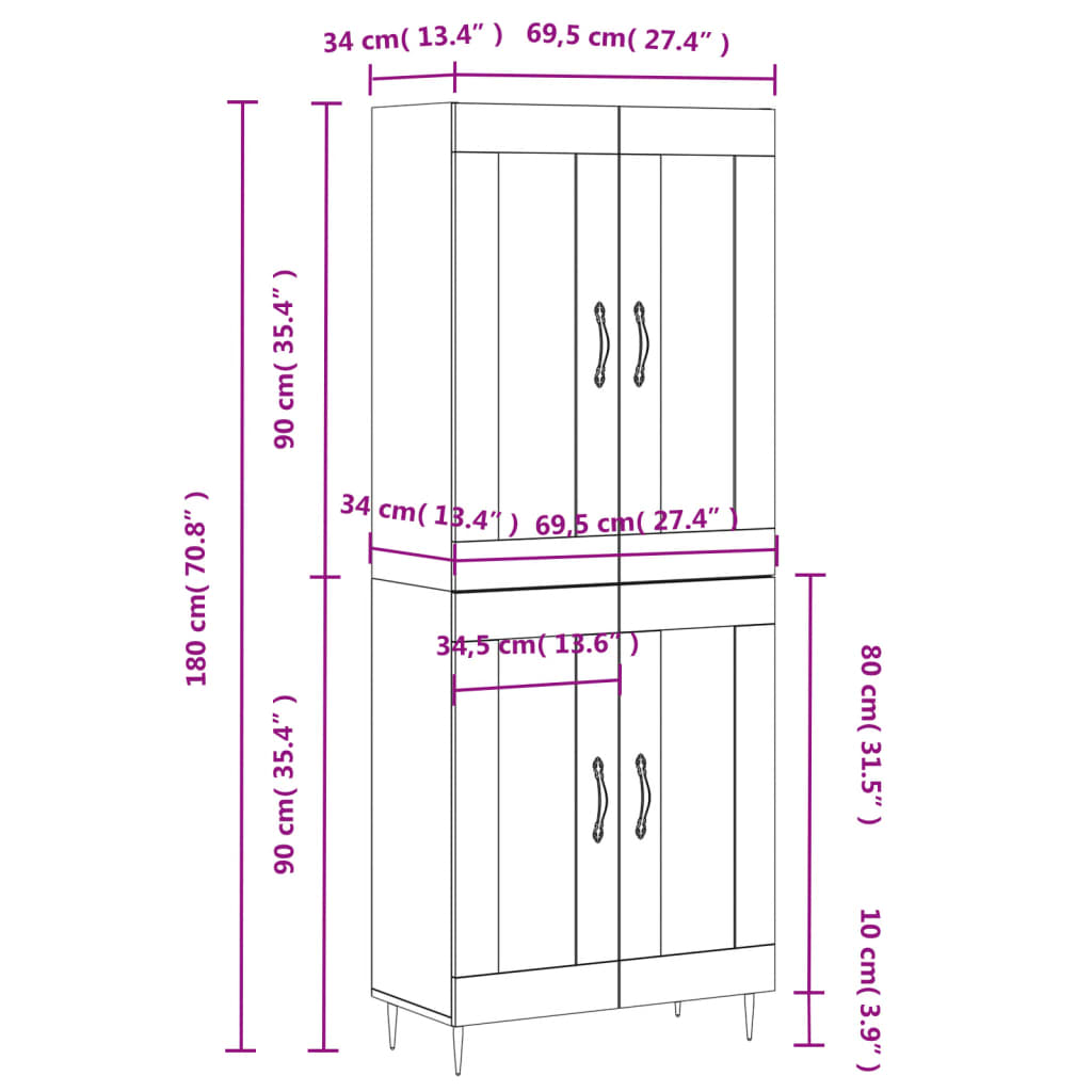 vidaXL Buffet haut Sonoma gris 69,5x34x180 cm Bois d'ingénierie