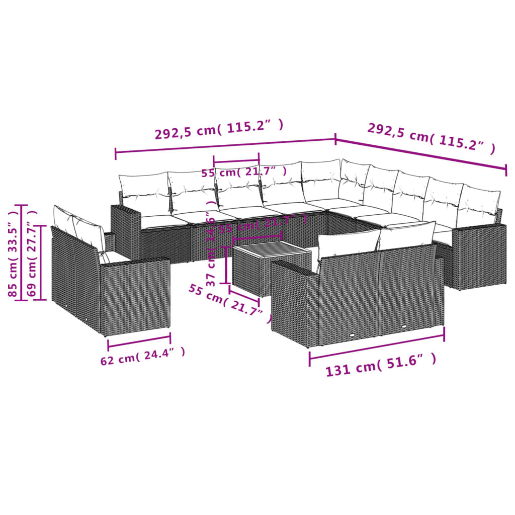 vidaXL Salon de jardin avec coussins 14 pcs noir résine tressée