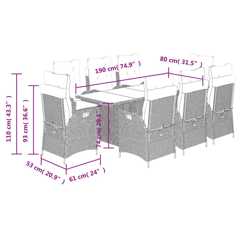 vidaXL Ensemble à manger de jardin 9pcs coussins noir résine tressée