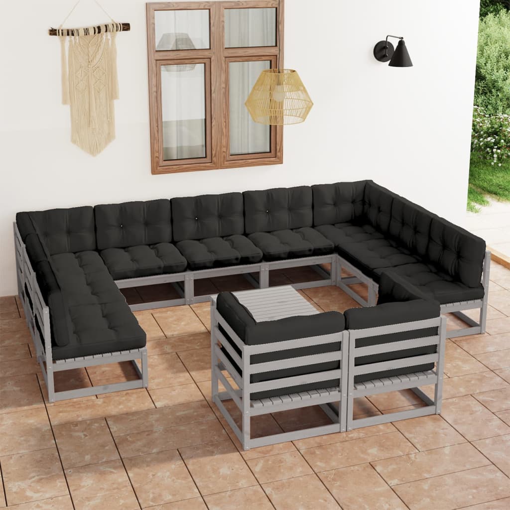 vidaXL Salon de jardin 12 pcs avec coussins Gris Bois de pin massif