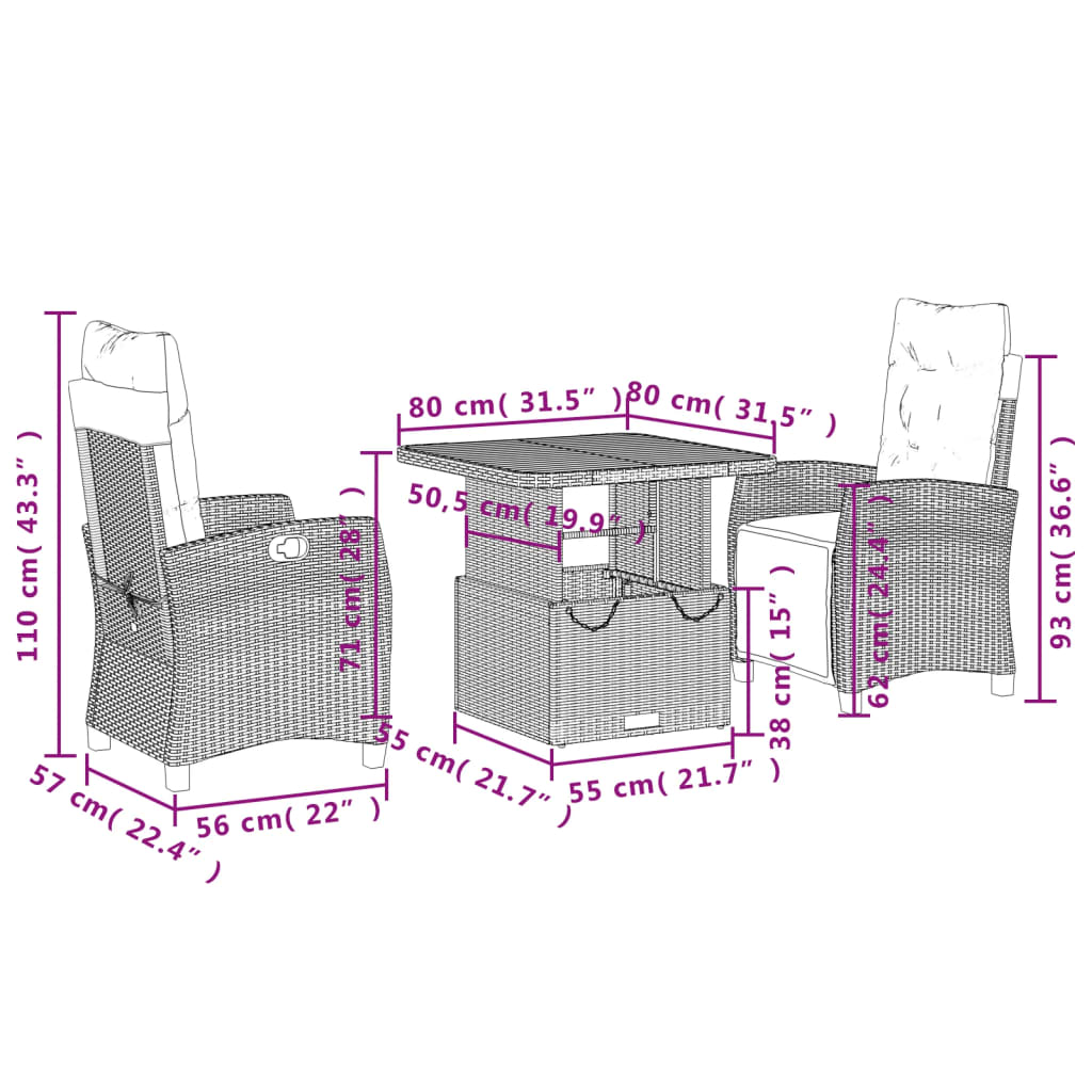 vidaXL Ensemble à manger de jardin 3 pcs coussins gris résine tressée