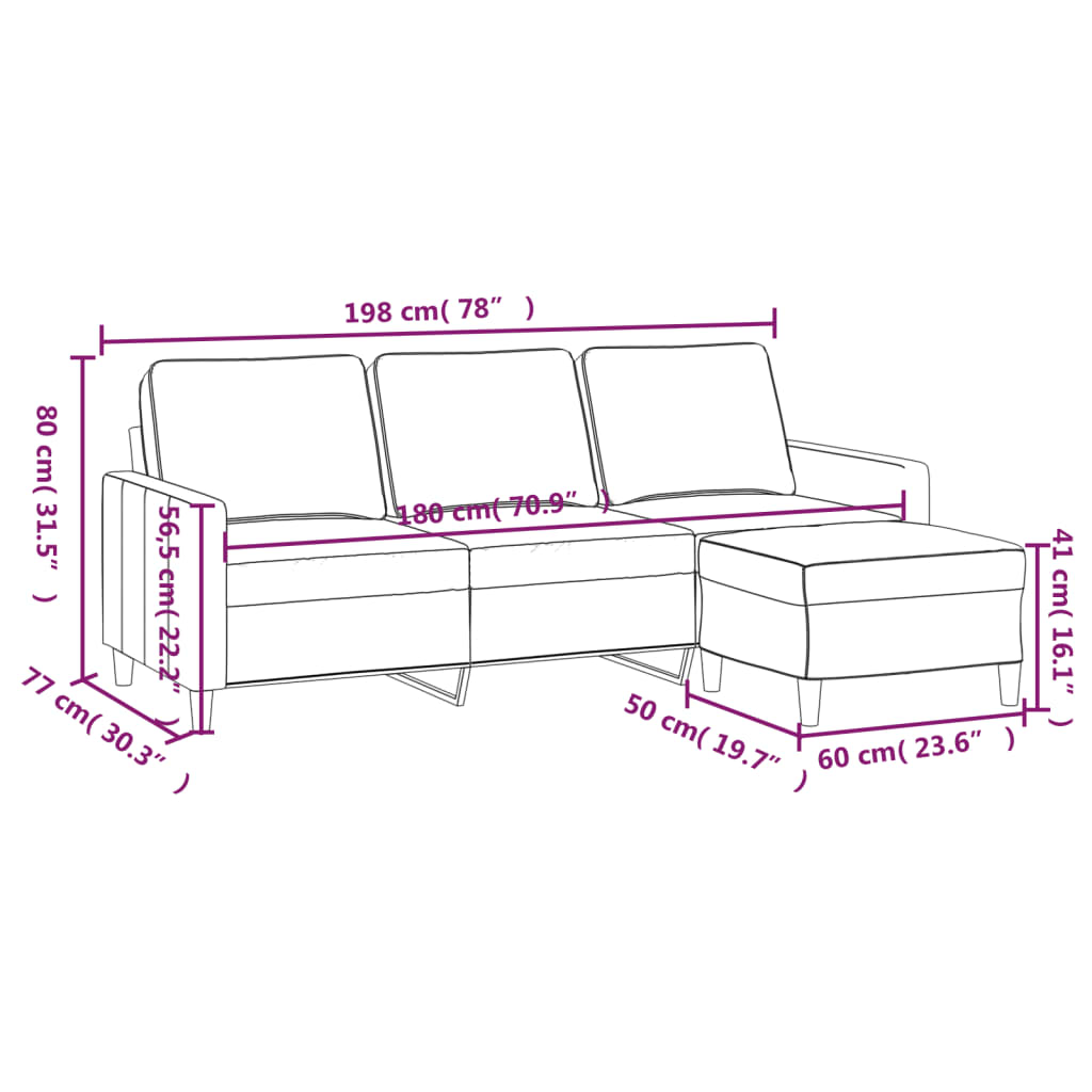 vidaXL Canapé à 3 places avec repose-pieds Crème 180 cm Velours