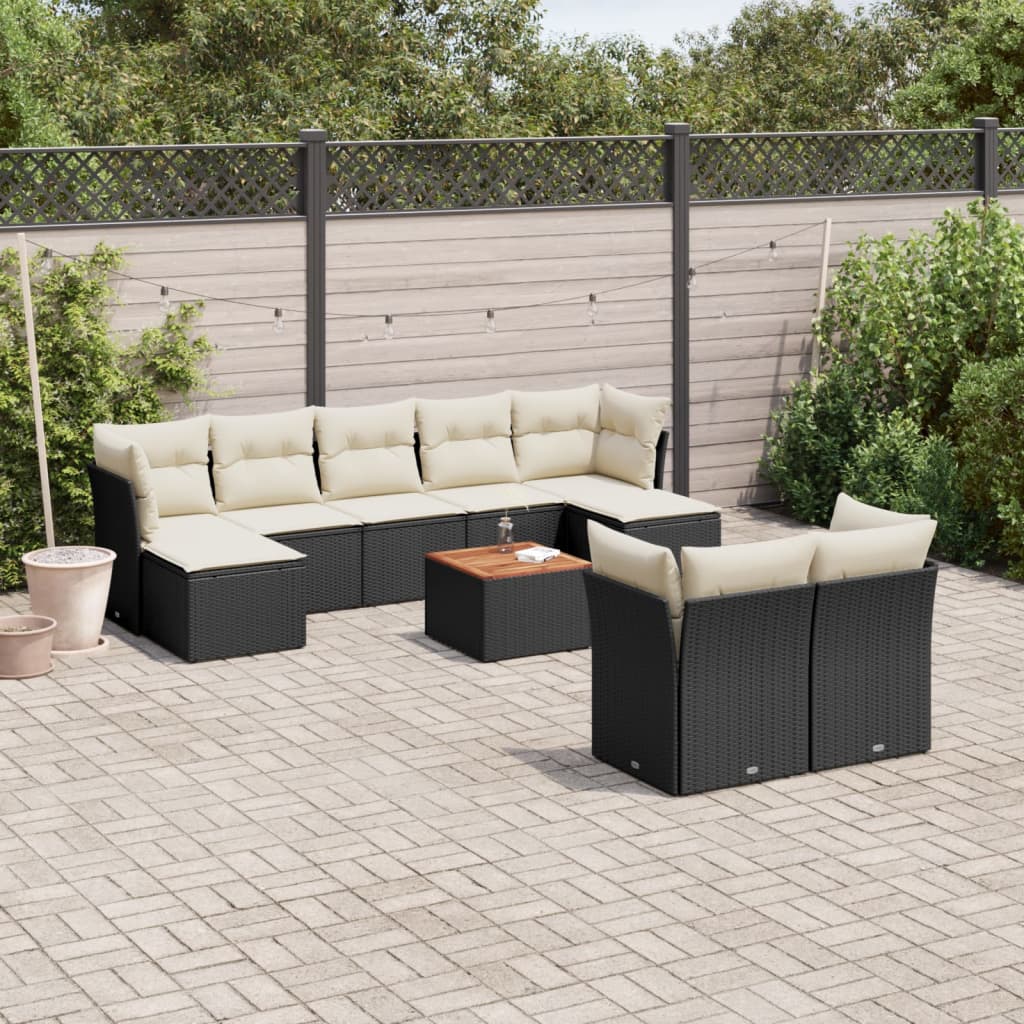 vidaXL Salon de jardin 10 pcs avec coussins noir résine tressée