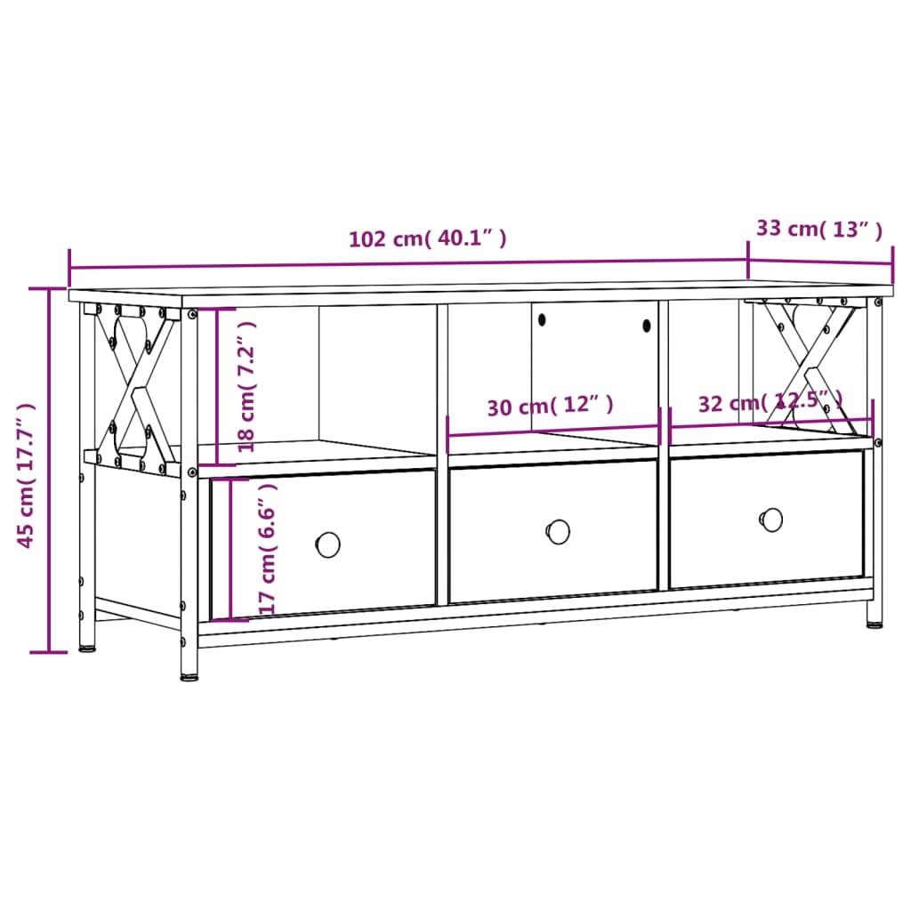 vidaXL Meuble TV chêne fumé 102x33x45 cm bois d'ingénierie et fer