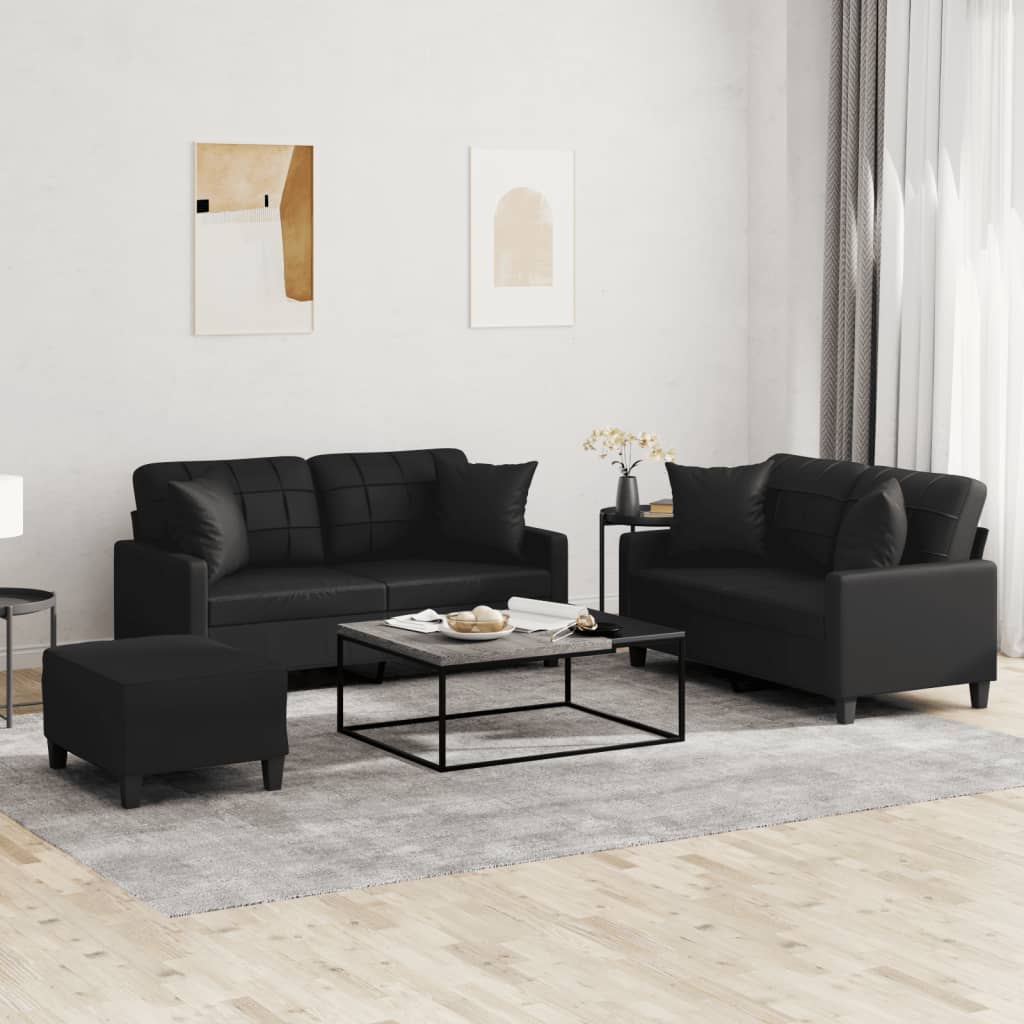 vidaXL Ensemble de canapés 3 pcs avec coussins noir similicuir