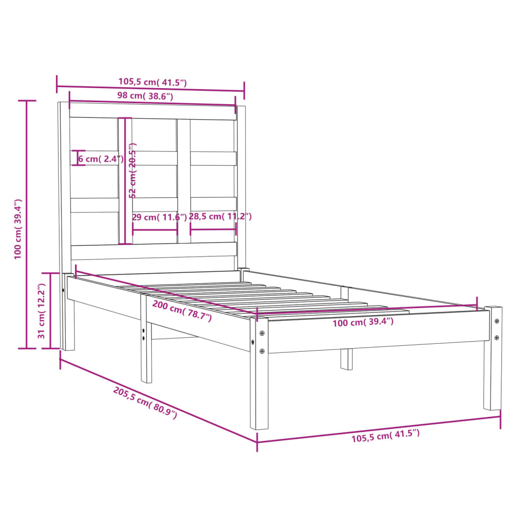 vidaXL Cadre de lit Bois massif 100x200 cm