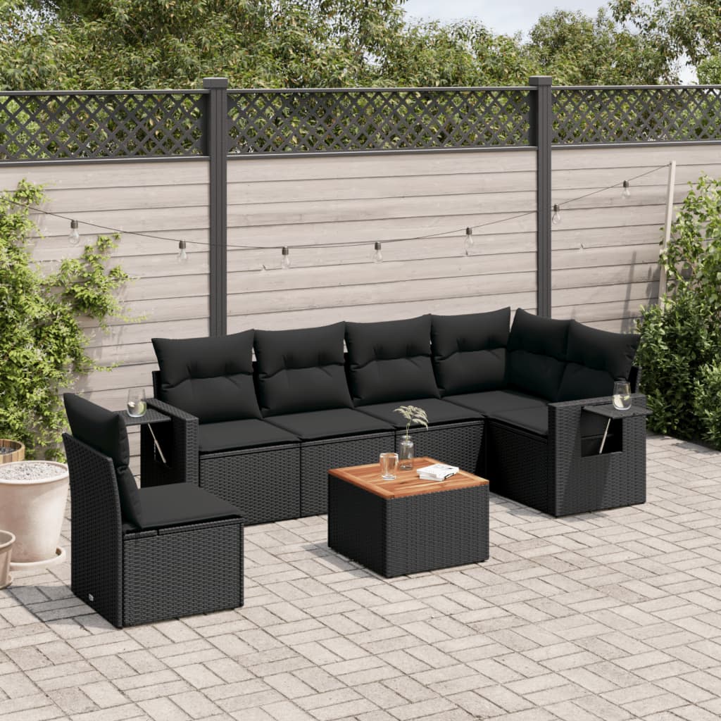 vidaXL Salon de jardin 7 pcs avec coussins noir résine tressée