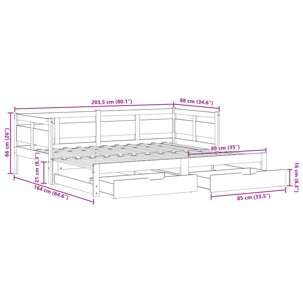 vidaXL Lit de jour et lit gigogne et tiroirs 80x200 cm bois pin massif